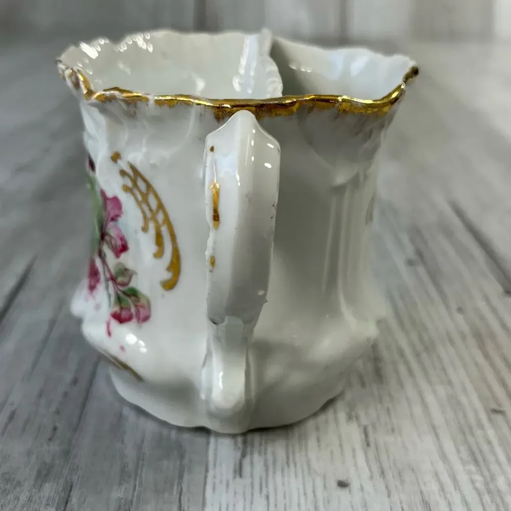 Vintage Victorian White Pink Green Floral Accent Gold Trim Shaving Mug Cup Decor